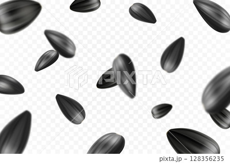 Sunflower seeds isolated seamless vector pattern. Realistic shelled seeds isolated on white background. 128356235