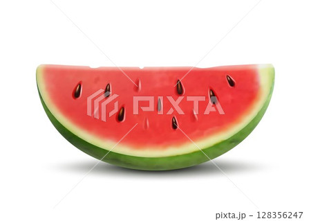 Slice of watermelon. Vector 3d realistic ripe fresh fruit watermelon piece isolated on white background. Illustration of juicy red watermelon slice with pits Slice of watermelon. Vector 3d realistic ripe fresh fruit watermelon piece isolated on white background. Illustration of juicy red watermelon slice with pits 128356247