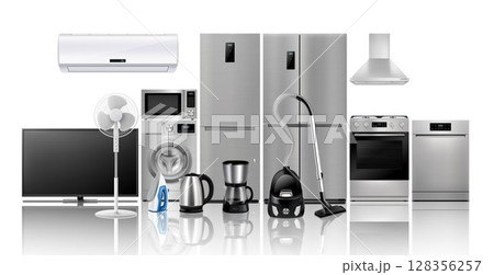 A set of household appliances: microwave oven, washing machine, refrigerator, vacuum cleaner, iron, stove, fan, air conditioner,TV, dishwasher, kettle. Realistic 3D vector, isolated A set of household appliances: microwave oven, washing machine, refrigerator, vacuum cleaner, iron, stove, fan, air conditioner,TV, dishwasher, kettle. Realistic 3D vector, isolated 128356257