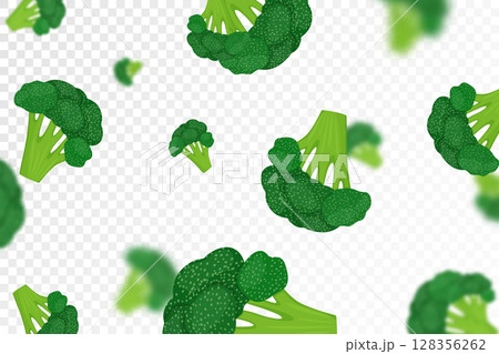 Broccoli background. Flying fresh broccoli cabbage on transparent background. Flat design. Falling broccoli, isolated vegetables. Nature product. Vector illustration 128356262