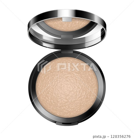 Face compact makeup powder. Realistic cosmetic glow baked powder in the black round plastic case with mirror. Isolated on white background. Top view. Vector 3d 128356276