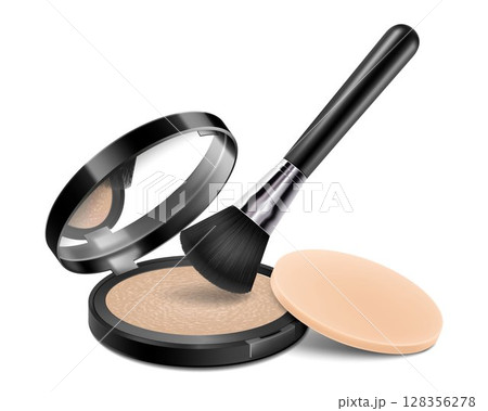 Face compact makeup powder with brush applicator and sponge. Realistic cosmetic glow baked powder in the black round plastic case with mirror. Isolated on white background. Vector 3d 128356278