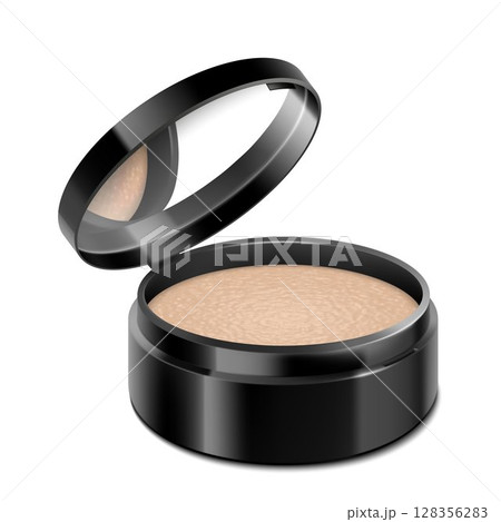 Compact powder in round black case with mirror. Cushion face foundation case. 3d vector realistic cosmetics isolated on white background. Mockup for branding and ads. Side view on opened plastic box. 128356283