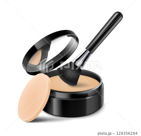 Compact powder with brush and sponge. Round black case with mirror. Cushion face foundation case. 3d vector realistic cosmetics isolated on white background. Mockup for branding and ads. 128356284