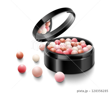 Blush balls, powder balls in round black case with mirror, colorful blush balloons, realistic 3d vector illustration, isolated on white background. Decorative cosmetics for beauty. 128356285