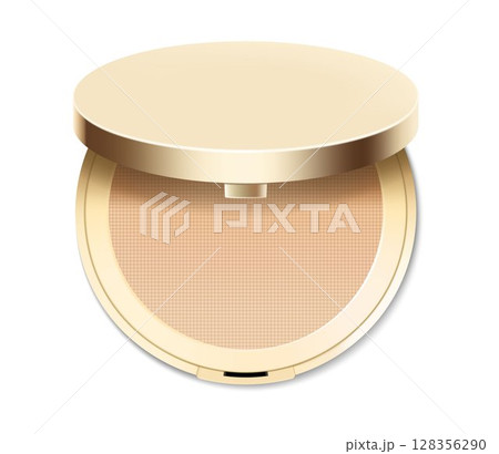 Compact powder in round gold case with mirror. Cushion face foundation case. 3d vector realistic cosmetics isolated on white background. Mockup for branding and ads. Top view on opened plastic box. Compact powder in round gold case with mirror. Cushion face foundation case. 3d vector realistic cosmetics isolated on white background. Mockup for branding and ads. Top view on opened plastic box. 128356290