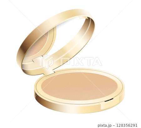 Compact powder in round gold case with mirror. Cushion face foundation case. 3d vector realistic cosmetics isolated on white background. Mockup for branding and ads. Side view on opened plastic box. Compact powder in round gold case with mirror. Cushion face foundation case. 3d vector realistic cosmetics isolated on white background. Mockup for branding and ads. Side view on opened plastic box. 128356291