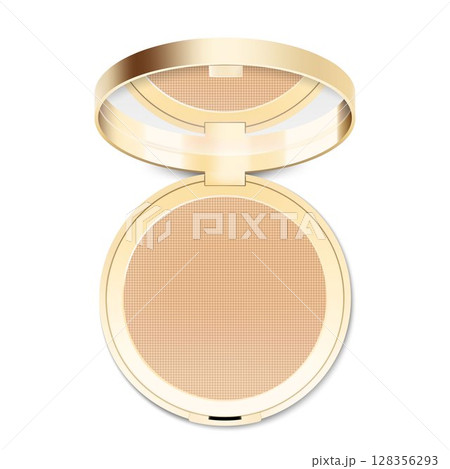 Compact powder in round gold case with mirror. Cushion face foundation case. 3d vector realistic cosmetics isolated on white background. Mockup for branding and ads. Top view on opened plastic box. 128356293