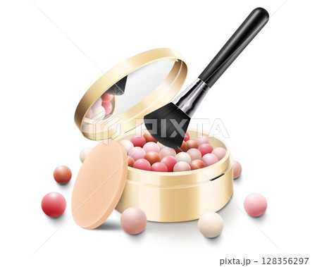 Blush balls with brush and sponge in round gold case with mirror, colorful powder balloons, realistic 3d vector illustration, isolated on white background. Cosmetics for beauty. 128356297