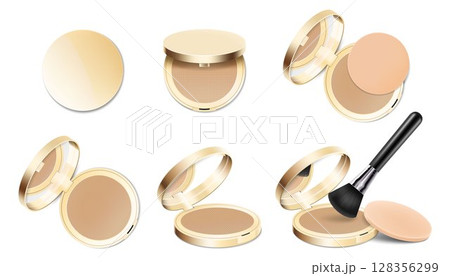 Set of face cosmetic makeup powder in gold round plastic case with mirror, with powder brush and sponge. Realistic 3d vector illustration, Isolated on White Background 128356299