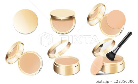 Set of face cosmetic makeup powder in gold round plastic case with mirror, with powder brush and sponge. Realistic 3d vector illustration, Isolated on White Background Set of face cosmetic makeup powder in gold round plastic case with mirror, with powder brush and sponge. Realistic 3d vector illustration, Isolated on White Background 128356300