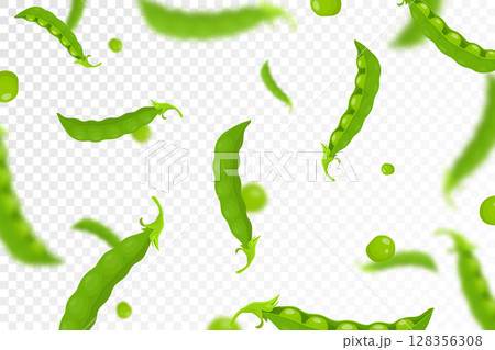 Green pea background. Flying or falling fresh green pea isolated on transparent background. Can be used for advertising, packaging, banner, poster, print. Flat design. Vector illustration 128356308