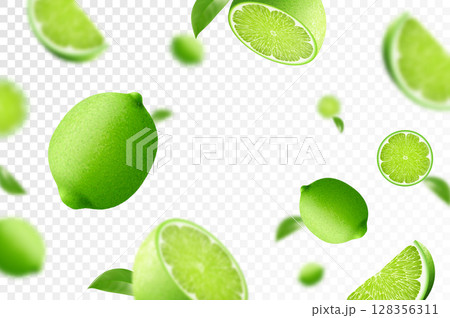 Lime background. Flying whole, half and slices of fresh lime. Unfocused and blurry effect. Can be used for wallpaper, banner, poster, print, fabric, wrapping paper. Realistic 3d vector illustration. Lime background. Flying whole, half and slices of fresh lime. Unfocused and blurry effect. Can be used for wallpaper, banner, poster, print, fabric, wrapping paper. Realistic 3d vector illustration. 128356311