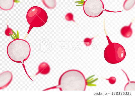 Radish background. Flying or falling fresh radish isolated on transparent background. Can be used for advertising, packaging, banner, poster, print. Flat design. Nature product. Vector illustration 128356325