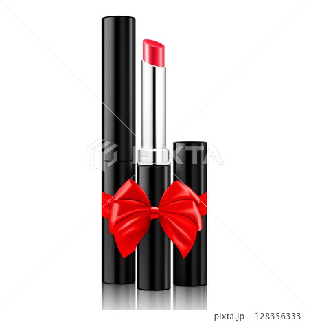 Lipstick with a red ribbon and bow, isolated on white background. 3D realistic mockup. Present, Gift, Surprise concept. Cosmetics vector template. Use for advertising flyer, banner, package design. Lipstick with a red ribbon and bow, isolated on white background. 3D realistic mockup. Present, Gift, Surprise concept. Cosmetics vector template. Use for advertising flyer, banner, package design. 128356333