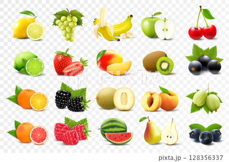 Realistic set of various kinds of fruits with orange, kiwi, pear, lemon, grapes, strawberries, currants, peach, lime, grapefruit, appl?, isolated on transparent background, 3d vector illustration Realistic set of various kinds of fruits with orange, kiwi, pear, lemon, grapes, strawberries, currants, peach, lime, grapefruit, appl?, isolated on transparent background, 3d vector illustration 128356337