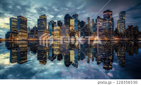 摩天楼が水面に映る夜の都市風景 128356530