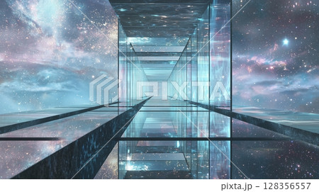 宇宙へと続く鏡の回廊・幻想的SFトンネル構図 128356557