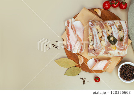 Traditional Ukrainian salo with spices and herbs Traditional Ukrainian salo with spices and herbs 128356668
