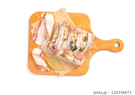 Raw pork fat with garlic. Salo. lard. 128356671