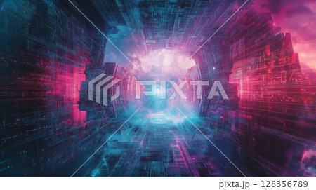 未来空間へのゲートが開くサイバー世界 128356789