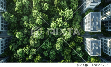 上空から見た都市と森林の共存風景 128356792