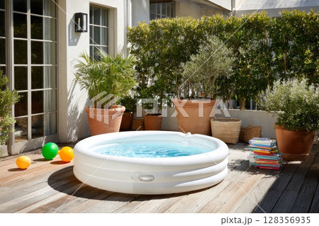 Inflatable pool surrounded by potted plants and colorful balls on a sunny terrace Inflatable pool surrounded by potted plants and colorful balls on a sunny terrace 128356935