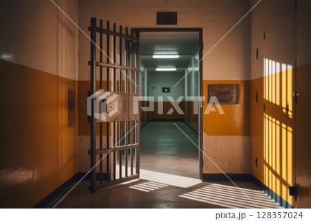 Open prison cell door revealing empty corridor with bright lighting and contrasting wall colors 128357024