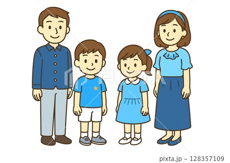 水色の服でおそろいコーデをした笑顔の家族のイラスト 水色の服でおそろいコーデをした笑顔の家族のイラスト 128357109