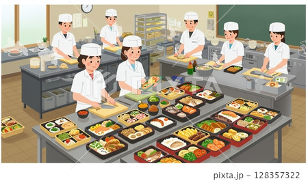 厳格な衛生基準をクリアした、食品工場の製造ライン 128357322
