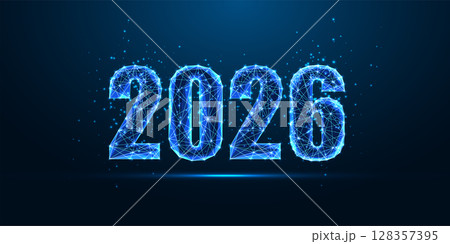 Futuristic glowing 2026 year in digital low poly style, innovation and tech future concept Futuristic glowing 2026 year in digital low poly style, innovation and tech future concept 128357395