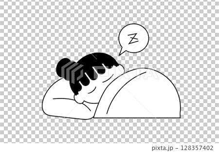 熟睡的女孩的線條畫（黑白，床） 128357402