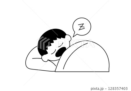 すやすや眠る男の子の線画イラスト（白黒・ベッド） 128357403