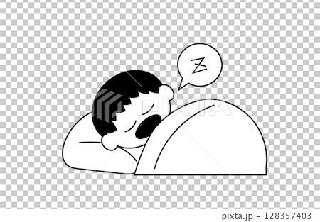 すやすや眠る男の子の線画イラスト（白黒・ベッド） 128357403