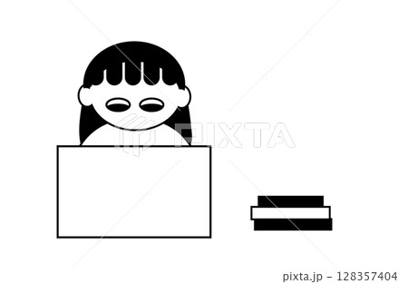 PC作業をしている女の子の線画イラスト（白黒・真剣な表情） 128357404