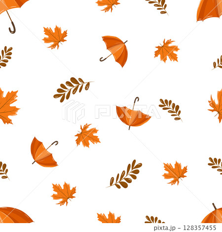 Seamless autumn pattern with maple and oak leaves, and an orange umbrella. Vector illustration with warm seasonal colors. Ideal for textiles, packaging, wrapping paper, and fall-themed designs Seamless autumn pattern with maple and oak leaves, and an orange umbrella. Vector illustration with warm seasonal colors. Ideal for textiles, packaging, wrapping paper, and fall-themed designs 128357455