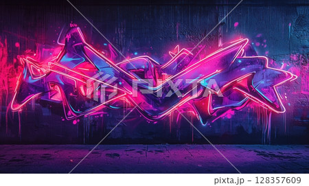ネオンが輝くサイバーパンク風グラフィティ壁画 ネオンが輝くサイバーパンク風グラフィティ壁画 128357609