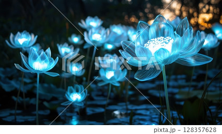 青く光る幻想的な蓮の花が咲く夜の池 128357628