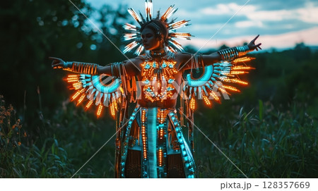 光る羽根装飾を持つ未来の儀式衣装の人物 光る羽根装飾を持つ未来の儀式衣装の人物 128357669