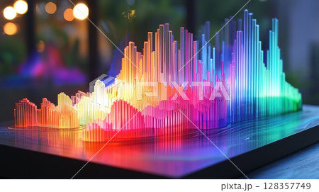 虹色に輝く近未来の音波風3Dアートオブジェ 128357749