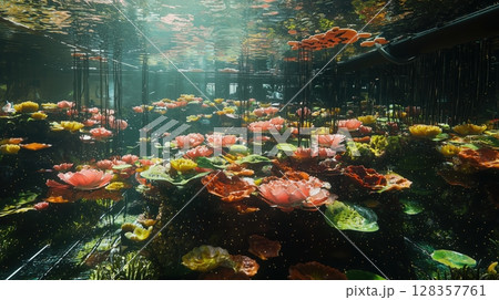 幻想的に浮かぶ水中の蓮と花の楽園 128357761