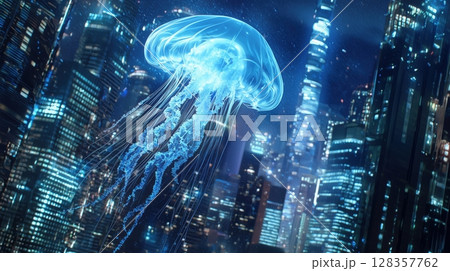 都市の夜空に浮かぶ発光クラゲの幻想 128357762