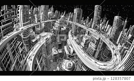 モノクロで描かれた近未来の立体都市構造 128357807