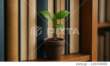 本棚に飾られた緑の鉢植え 128358006