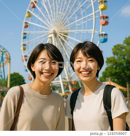 観覧車の前で並んで笑顔で記念撮影しているの場面を生成 128358007