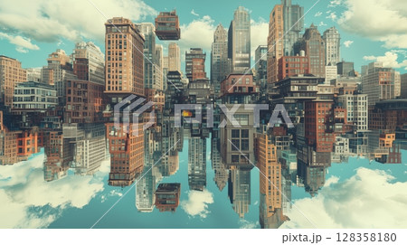 上下が反転した鏡面世界の不思議な都市 128358180