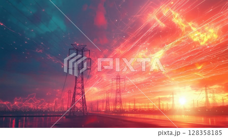 電力網と光が織りなす幻想的な夕暮れ空 128358185