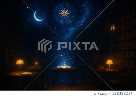ステンドグラスの下に照らされる本 ステンドグラスの下に照らされる本 128358214