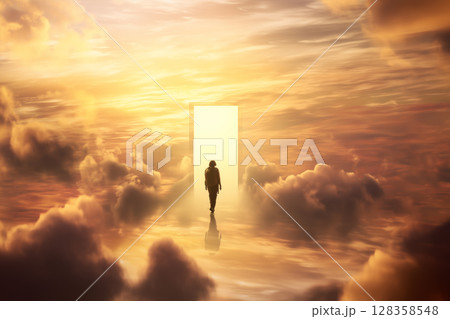 雲の中に現れた光の扉 ─ 幻想的な世界へ歩み出すシルエットと空の風景/天国への扉/異世界転生への扉 雲の中に現れた光の扉 ─ 幻想的な世界へ歩み出すシルエットと空の風景/天国への扉/異世界転生への扉 128358548
