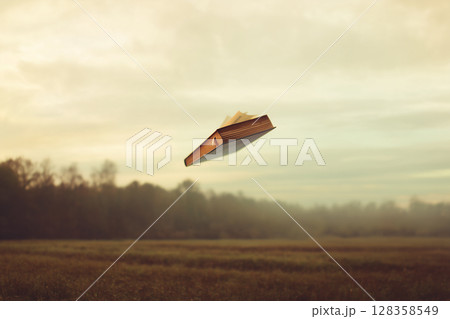 空を飛ぶ本 ─ 超常現象を連想させる幻想的でミステリアスな風景アート 128358549